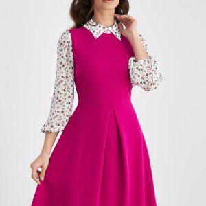 Rochie Dy Fashion fucsia cu maneci din voal imprimat
