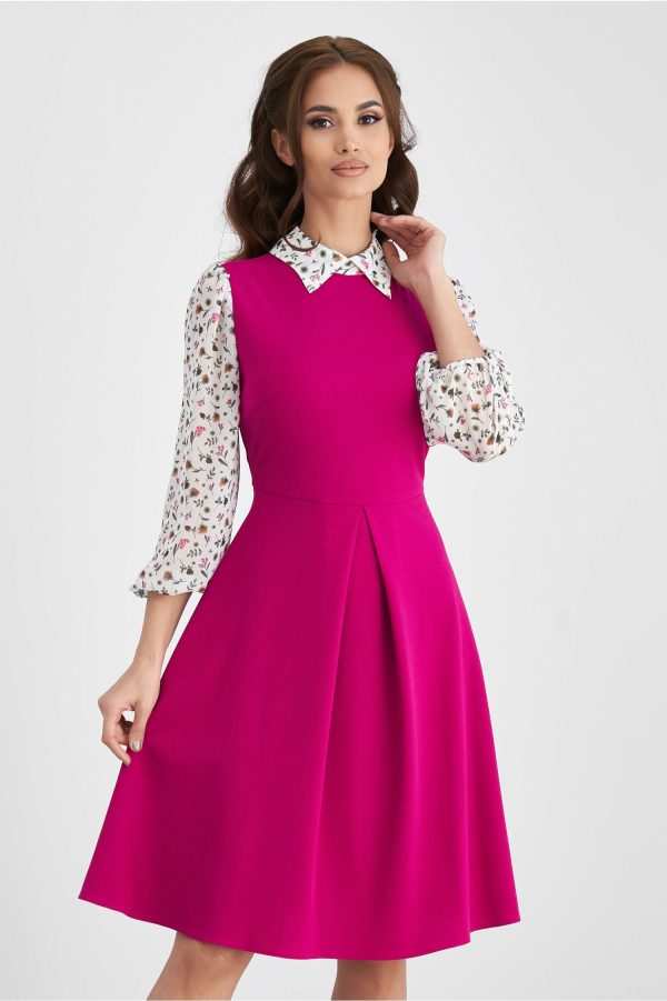 Rochie Dy Fashion fucsia cu maneci din voal imprimat