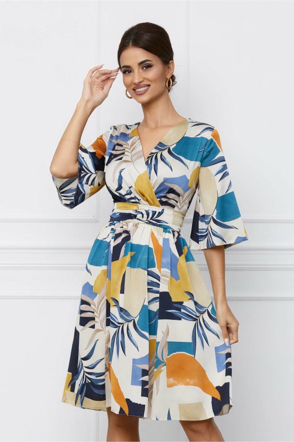 Rochie Dy Fashion ivory cu imprimeu albastru si bej
