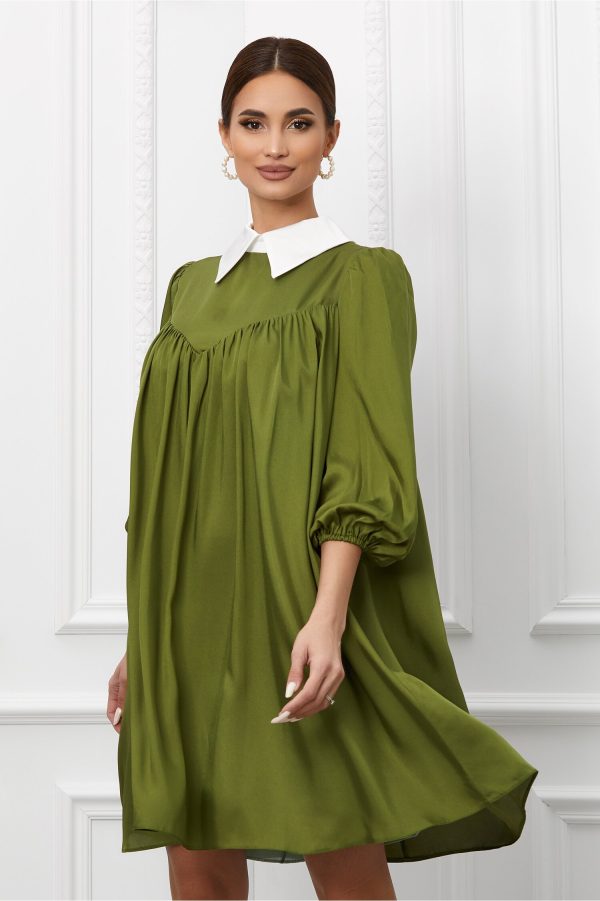 Rochie Dy Fashion kaki cu guler ascutit