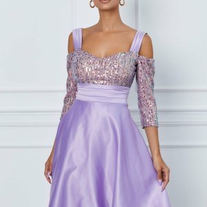 Rochie DY Fashion lila cu decupaj la maneci si paiete la bust