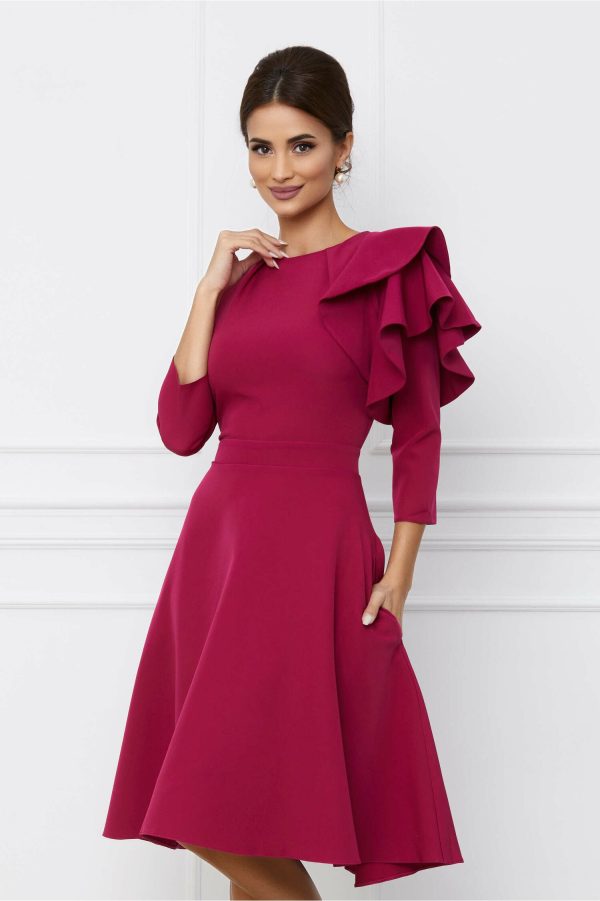 Rochie Dy Fashion magenta cu volan pe umar