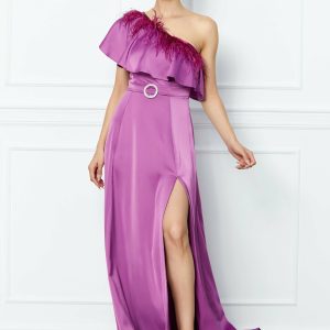 Rochie Dy Fashion magenta lunga cu pene si un umar gol