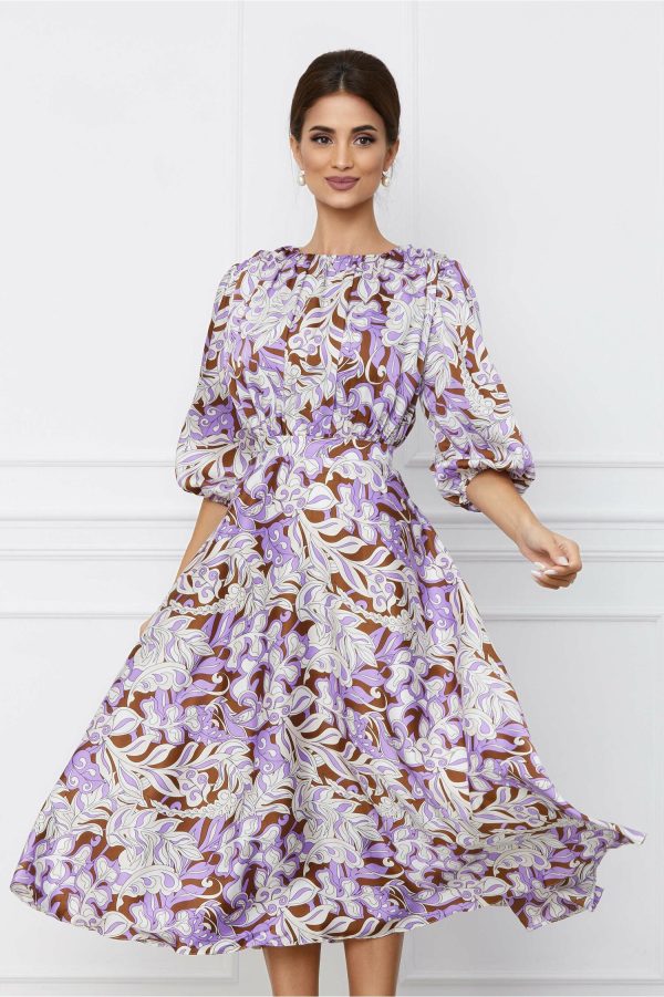Rochie Dy Fashion maro cu imprimeu lila