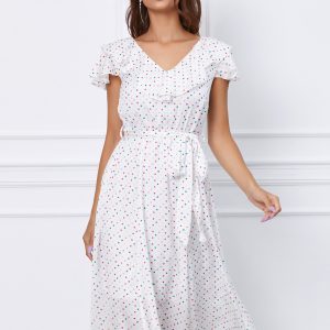 Rochie Dy Fashion midi alba cu buline colorate si cordon
