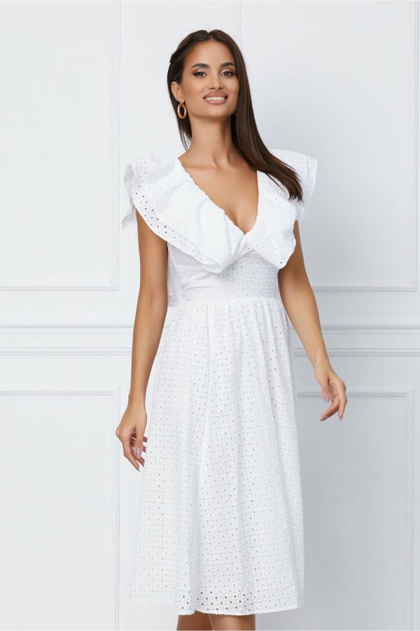 Rochie Dy Fashion midi alba cu motive florale si volane la bust
