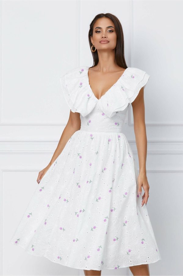Rochie Dy Fashion midi alba flori lila si volane la bust