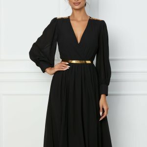 Rochie Dy Fashion midi neagra cu accesorii pe umeri si curea in talie