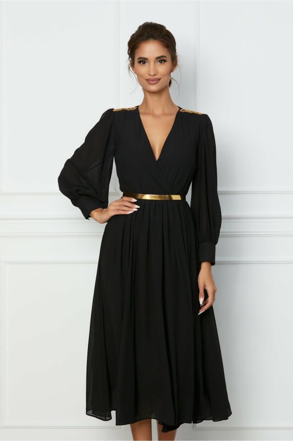 Rochie Dy Fashion midi neagra cu accesorii pe umeri si curea in talie