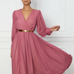 Rochie Dy Fashion midi roz coniac cu accesorii pe umeri si curea in talie