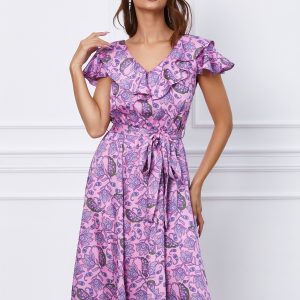 Rochie Dy Fashion midi roz cu imprimeu turcoaz si cordon