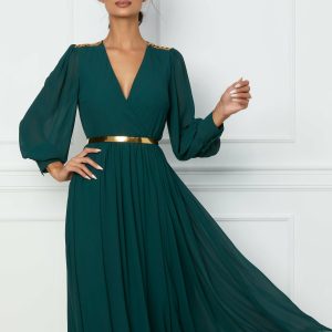 Rochie Dy Fashion midi verde inchis cu accesorii pe umeri si curea in talie