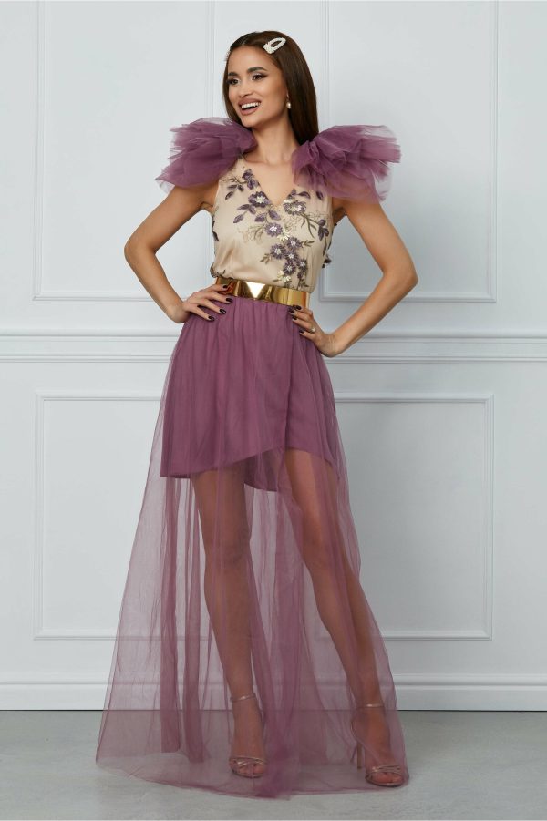 Rochie Dy Fashion Milena lila din tulle cu broderie la bust
