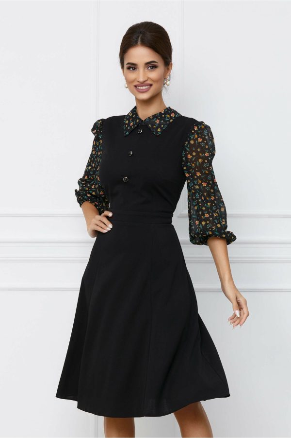 Rochie Dy Fashion neagra cu imprimeu pe maneci si nasturi la bust