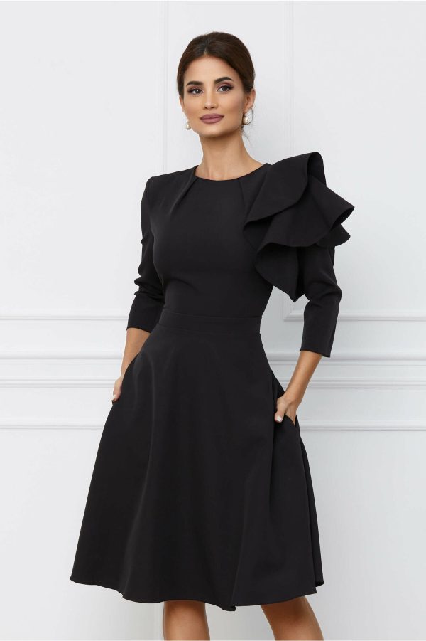Rochie Dy Fashion neagra cu volan pe umar