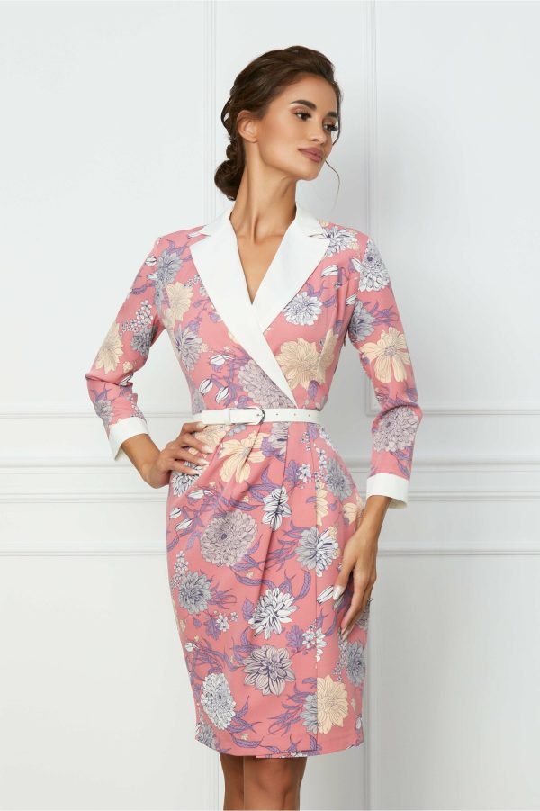 Rochie Dy Fashion roz cu imprimeu floral si rever