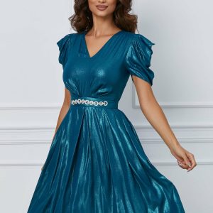 Rochie Dy Fashion turcoaz cu accesoriu in talie