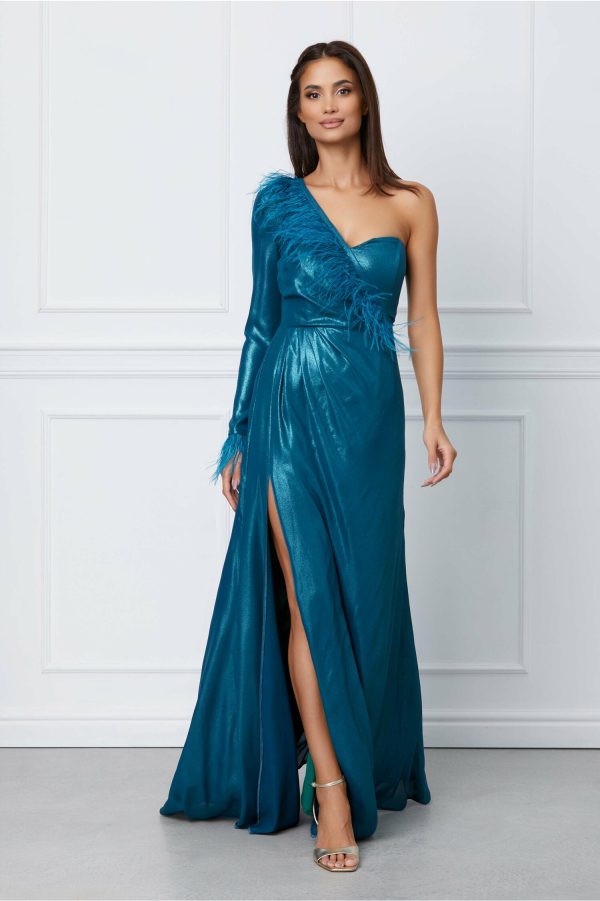 Rochie Dy Fashion turcoaz lunga cu pene la bust