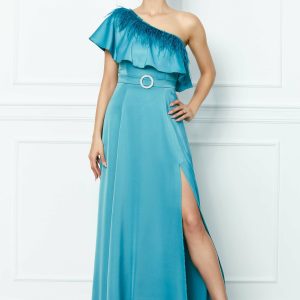 Rochie Dy Fashion turcoaz lunga cu pene si un umar gol