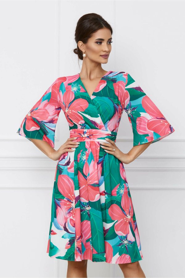 Rochie Dy Fashion verde cu flori maxi roz