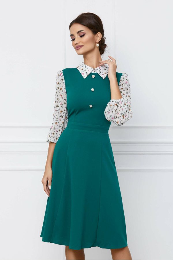 Rochie Dy Fashion verde cu imprimeu pe maneci si nasturi la bust