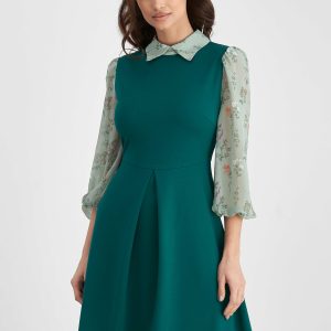 Rochie Dy Fashion verde cu maneci din voal imprimat