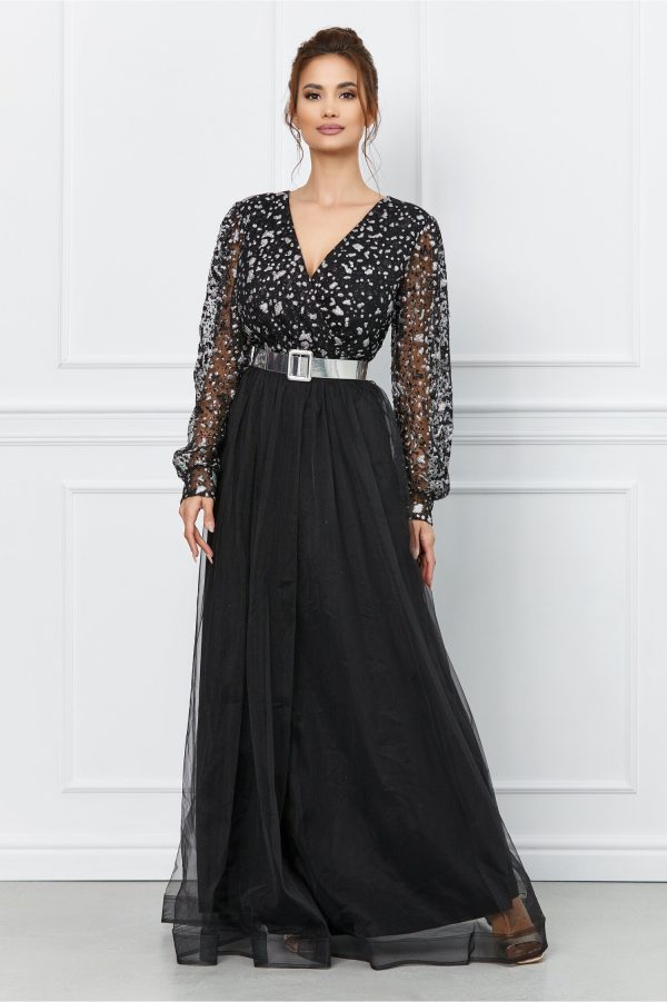 Rochie Elena neagra lunga cu sclipici argintiu pe bust si maneci