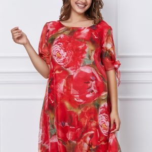 Rochie Eliana corai din voal cu flori maxi