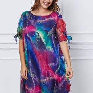 Rochie Eliana indigo din voal cu imprimeu fucsia