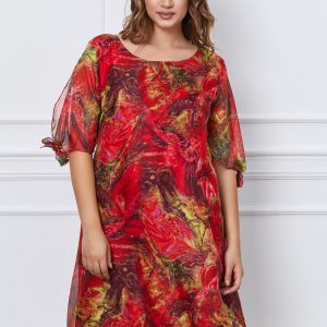 Rochie Eliana rosie din voal cu imprimeu verde