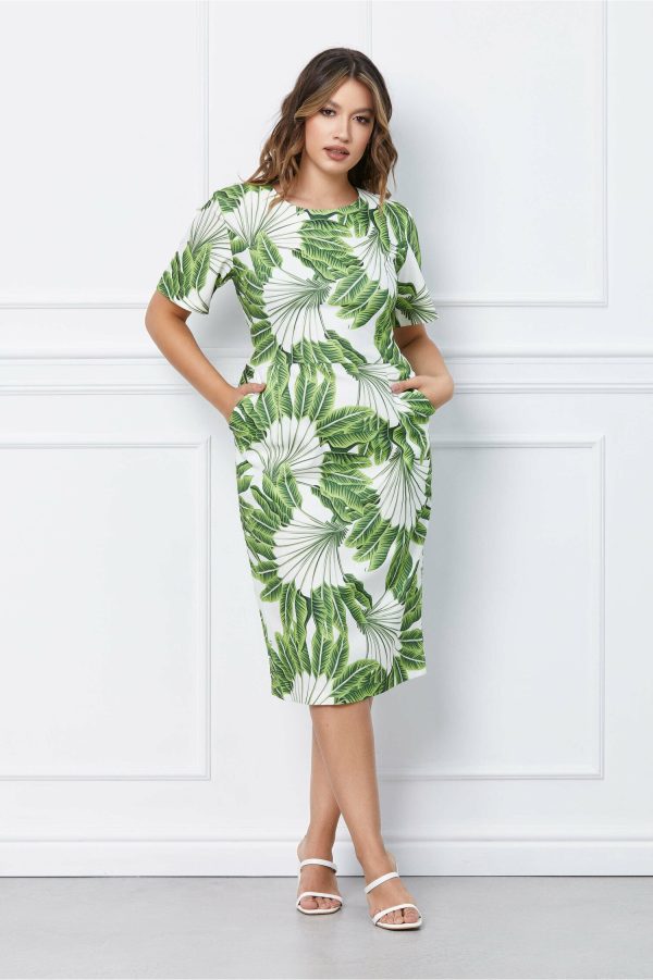 Rochie Elisa alba cu imprimeu verde si buzunare functionale