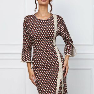 Rochie Eliza bleumarin cu imprimeu geometric si insertie bej