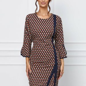 Rochie Eliza bleumarin cu imprimeu geometric si insertie bleumarin
