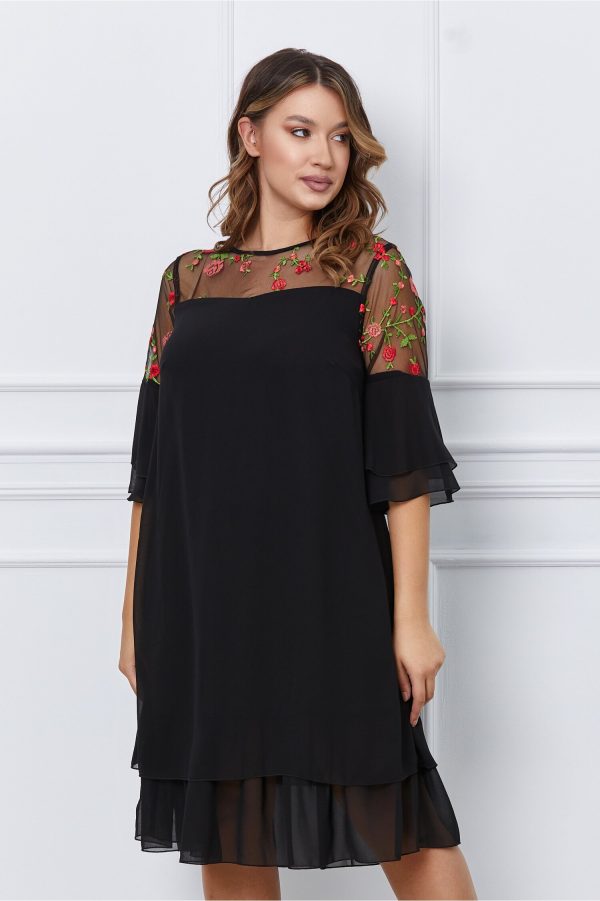 Rochie Ella Collection Doina neagra cu flori rosii si maneci tip clopot