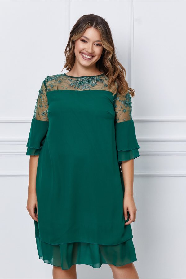 Rochie Ella Collection Doina verde cu broderie si maneci tip clopot