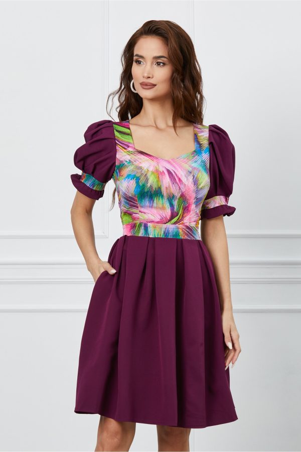 Rochie Ella Collection Felicia mov cu imprimeu colorat la bust