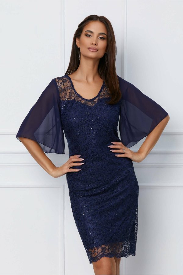Rochie Ella Collection Lora bleumarin cu broderie si paiete discrete