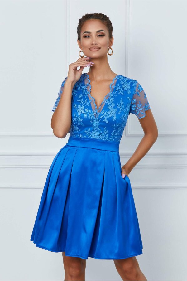 Rochie Ella Collection Lorena albastra cu broderie pe bust