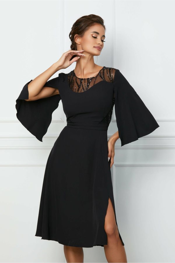 Rochie Ella Collection neagra cu paiete la decolteu si talie