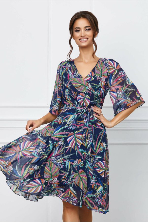 Rochie Ella Collection Roxy bleumarin cu imprimeu multicolor si cordon in talie