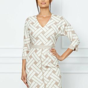 Rochie Ellie bej cu imprimeu geometric ivory