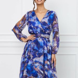 Rochie Evelis albastra cu imprimeu marble si cordon in talie