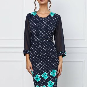 Rochie Fabia bleumarin cu imprimeu floral verde