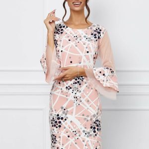 Rochie Flavia roz cu imprimeu in dungi si buline