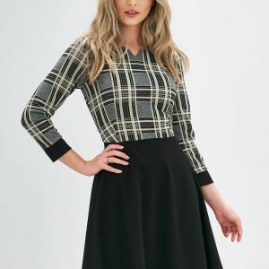 Rochie Georgiana neagra cu imprimeu carouri beige si fir lurex