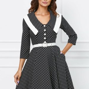 Rochie Hermina neagra cu buline albe si curea in talie