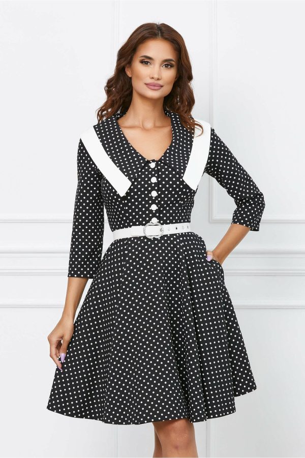 Rochie Hermina neagra cu buline albe si curea in talie