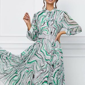 Rochie Ionela gri cu imprimeu verde si fusta plisata