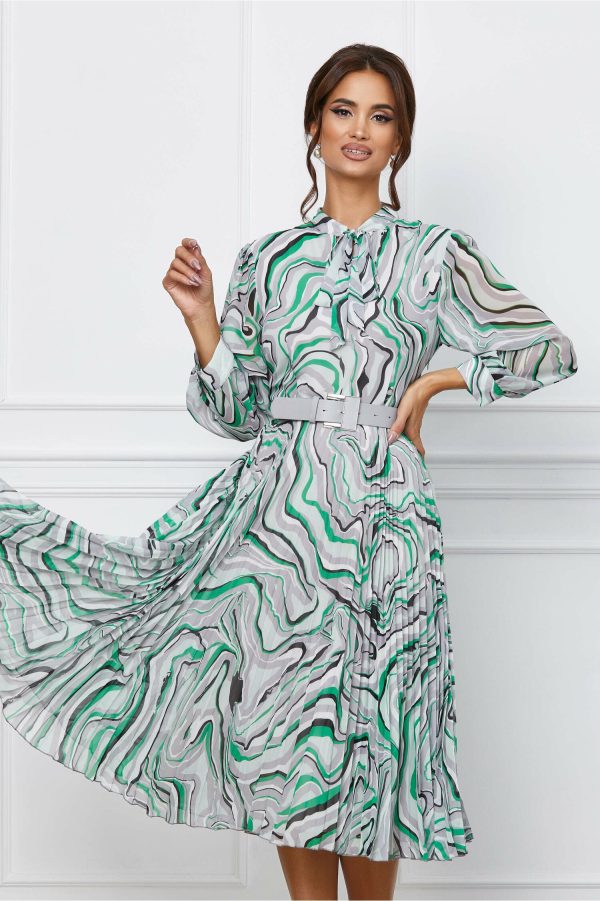 Rochie Ionela gri cu imprimeu verde si fusta plisata