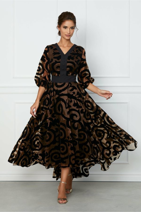 Rochie Isabella maro lunga din organza cu insertii catifelate negre